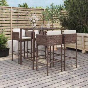 5 Piece Garden Bar Set with Cushions Brown Poly Rattan