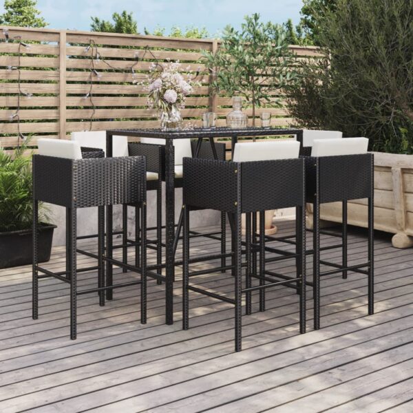 7 Piece Garden Bar Set with Cushions Black Poly Rattan