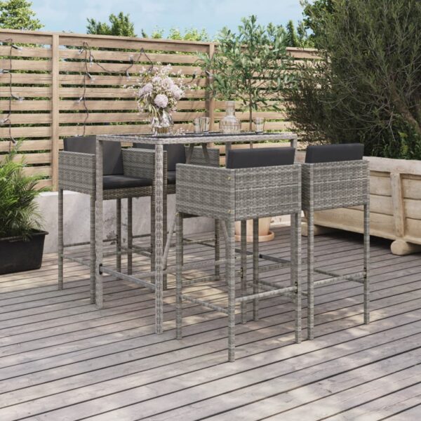 5 Piece Garden Bar Set with Cushions Grey Poly Rattan