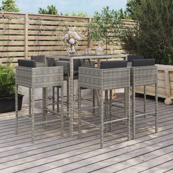 7 Piece Garden Bar Set with Cushions Grey Poly Rattan