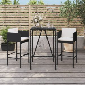 Stylish Black Poly Rattan Garden Bar Set with Cushions - Weather Resistant  Comfortable Seating  Tempered Glass Tabletop