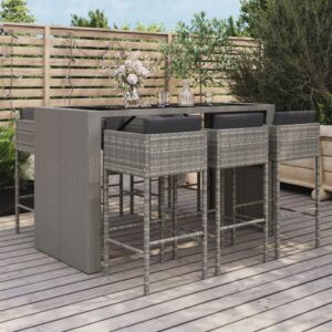 7 Piece Garden Bar Set with Cushions Grey Poly Rattan