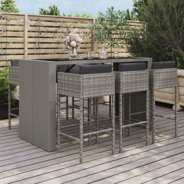 7 Piece Garden Bar Set with Cushions Grey Poly Rattan