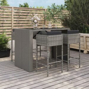 5 Piece Garden Bar Set with Cushions Grey Poly Rattan