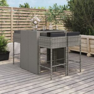 5 Piece Garden Bar Set with Cushions Grey Poly Rattan