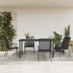 5-Piece Outdoor Garden Dining Set in Black Steel and Textilene with Tempered Glass Tabletop