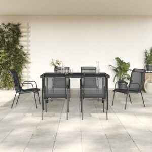 7 Piece Garden Dining Set Black Steel and Textilene