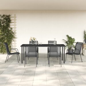 7 Piece Garden Dining Set Black Steel and Textilene