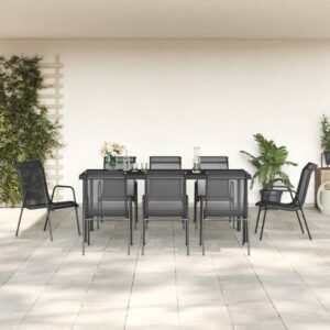 9 Piece Garden Dining Set Black Steel and Textilene