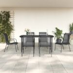 7 Piece Outdoor Garden Dining Set in Black Steel and Textilene  Weather-Resistant and Easy to Clean