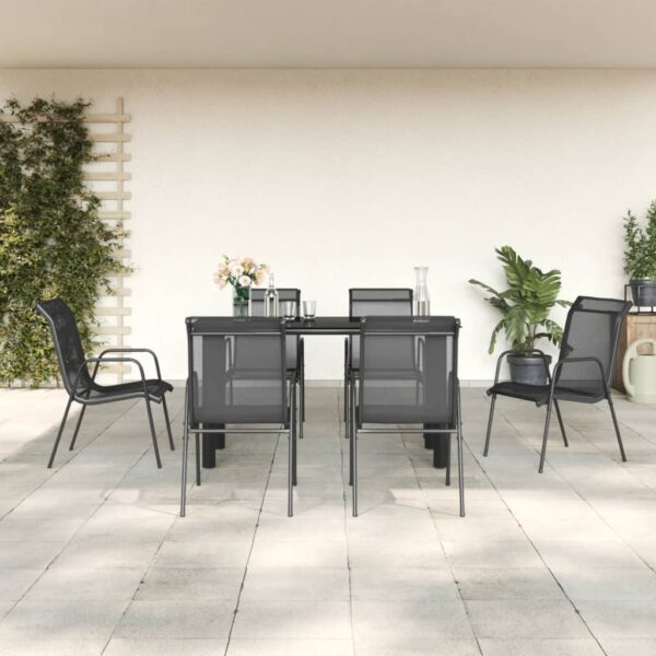 7 Piece Outdoor Garden Dining Set in Black Steel and Textilene  Weather-Resistant and Easy to Clean