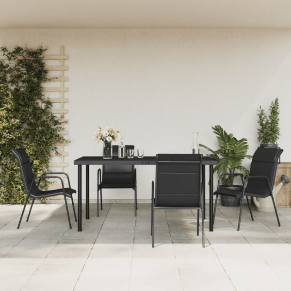 5 Piece Outdoor Garden Dining Set in Black Steel and Textilene with Tempered Glass Tabletop