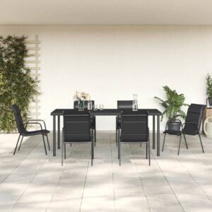 7 Piece Garden Dining Set Black Steel and Textilene