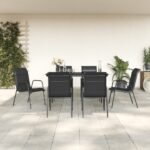 7 Piece Garden Dining Set Black Steel and Textilene