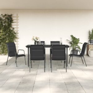 7 Piece Garden Dining Set Black Steel and Textilene