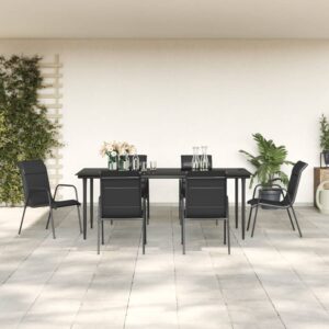 7 Piece Garden Dining Set Black Steel and Textilene