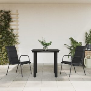 3 Piece Outdoor Garden Dining Set in Black Steel and Textilene  Weather Resistant and Easy to Clean