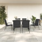 7 Piece Garden Dining Set Black Steel and Textilene