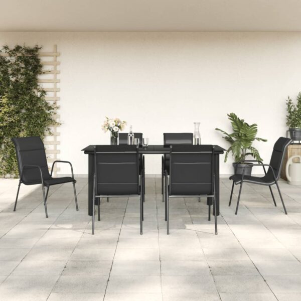 7 Piece Garden Dining Set Black Steel and Textilene