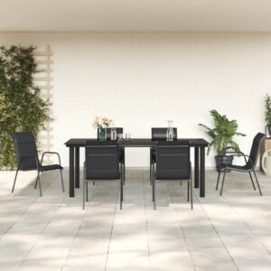 7 Piece Garden Dining Set Black Steel and Textilene