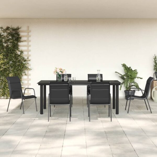 7 Piece Garden Dining Set Black Steel and Textilene