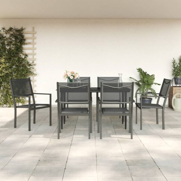 7 Piece Garden Dining Set Black Steel and Textilene