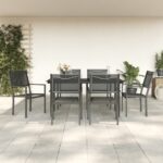 7 Piece Garden Dining Set Black Steel and Textilene