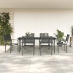 7 Piece Garden Dining Set Black Steel and Textilene