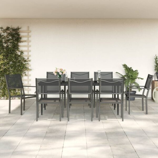 9 Piece Garden Dining Set Black Steel and Textilene