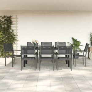 9 Piece Garden Dining Set Black Steel and Textilene