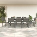 9 Piece Garden Dining Set Black Steel and Textilene