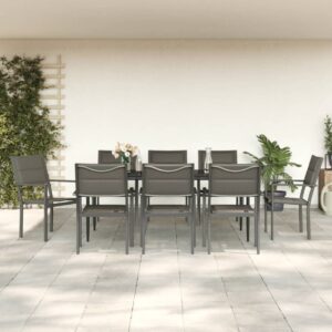 9 Piece Garden Dining Set Black Steel and Textilene