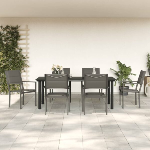 7 Piece Garden Dining Set Black Steel and Textilene