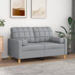 Modern Two-Seater Sofa with Throw Pillows in Light Grey Fabric - Comfortable and Durable