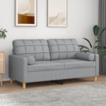 Modern Two-Seater Sofa with Throw Pillows in Light Grey Fabric - Comfortable and Durable