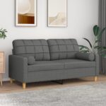 Modern Two-Seater Sofa with Throw Pillows in Dark Grey Fabric - Comfortable  Durable  and Stylish