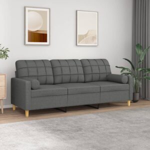 Dark Grey Fabric Three-Seater Sofa with Throw Pillows  Comfortable  Durable  Modern Design