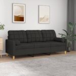 Modern Black Three-Seater Sofa with Throw Pillows  Fabric Upholstery  Comfortable and Durable