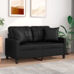 Modern Two-Seater Sofa with Throw Pillows in Black Faux Leather  Comfortable and Durable