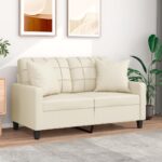 2-Seater Sofa with Throw Pillows Cream 120 cm Faux Leather