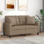 Modern Two-Seater Sofa with Throw Pillows in Cappuccino Faux Leather  Comfortable and Durable