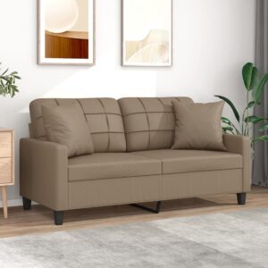 Modern Two-Seater Sofa with Throw Pillows in Cappuccino Faux Leather - Comfortable and Durable