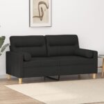 Modern Two-Seater Sofa with Throw Pillows in Black Fabric - Comfortable  Durable  and Stylish