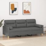 Stylish Dark Grey Three-Seater Sofa with Throw Pillows  Durable Fabric  Comfortable Seating