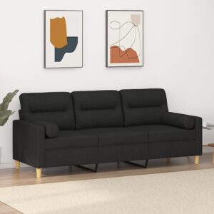 Modern 3-Seater Sofa with Throw Pillows in Black Fabric  Comfortable and Durable  Easy to Clean