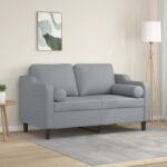 Modern Two-Seater Sofa with Throw Pillows in Light Grey Fabric - Comfortable and Durable