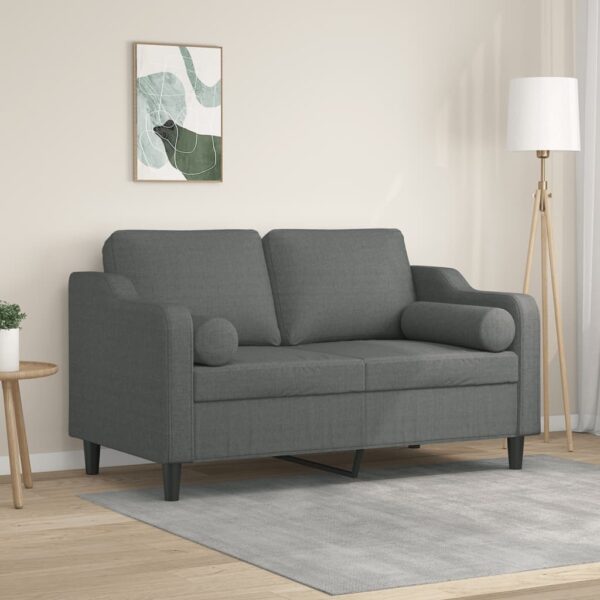 Modern Two-Seater Sofa with Throw Pillows in Dark Grey Fabric - Comfortable and Durable