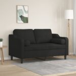 Modern Two-Seater Sofa with Throw Pillows in Black Fabric - Comfortable  Durable  and Stylish