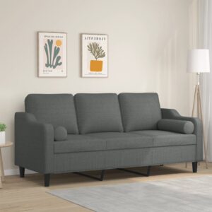 Modern Dark Grey Fabric 3-Seater Sofa with Throw Pillows  Comfortable and Durable  Easy to Clean