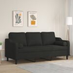 Modern Black 3-Seater Sofa with Throw Pillows  Durable Fabric  Comfortable Seating Experience